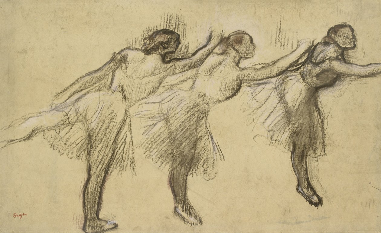 Three Studies of a Ballerina (charcoal rubbed and touched with pink and brown pastels on thin, yellowish, oiled paper, laid down on stiff paper) by Edgar Degas