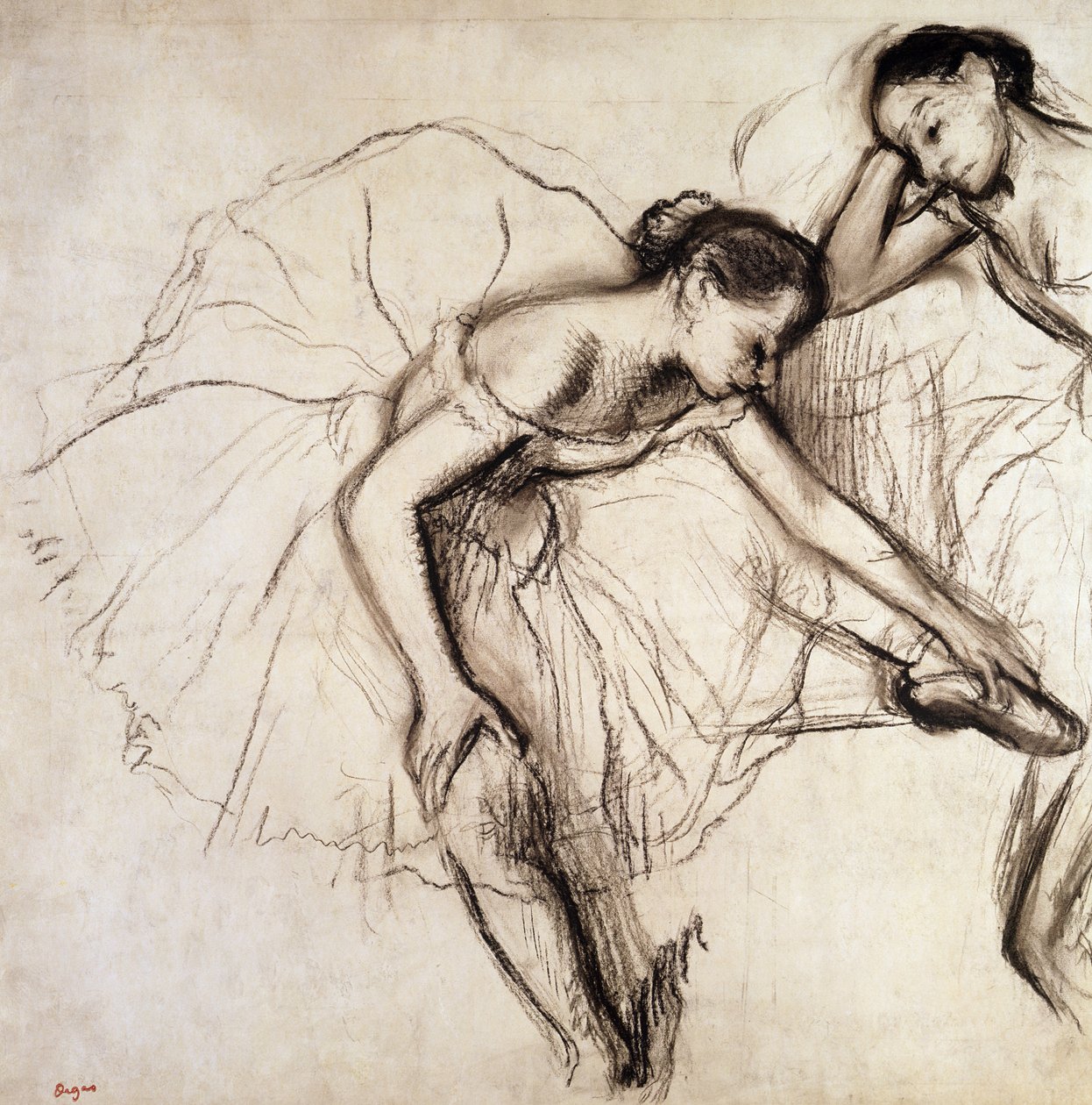 İki Dansçı Dinleniyor (kağıt üzerinde kömür) by Edgar Degas