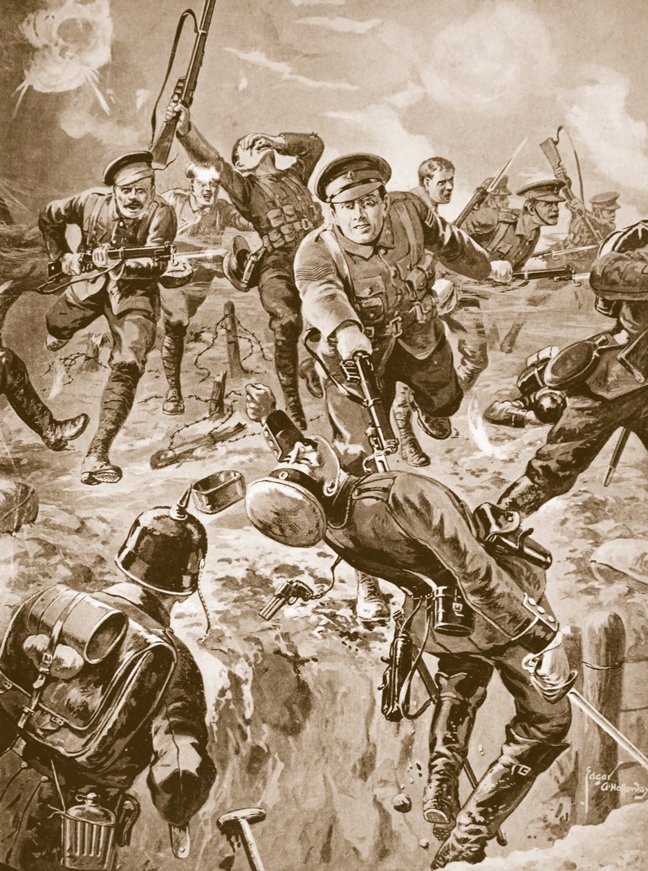 Onbaşı J. Davies ve sekiz adam, daha önce çevrelerini sarmış olan bir Alman grubunu süngüyle bozguna uğratıyorlar (litho) by Edgar Alfred Holloway