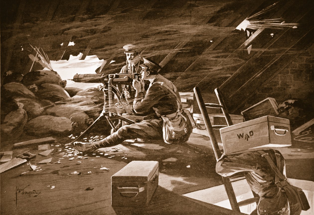 Onbaşı Windell, Neuve Chapelle yakınlarındaki bir evin çatısından makineli tüfek ateşiyle düşmanın saldırısını bölüyor by Edgar Alfred Holloway