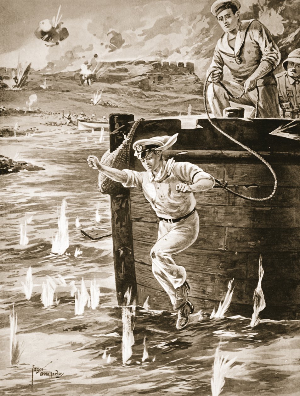 Asteğmen Malleson, sürüklenen başka bir mavnayı bağlamak için bir mavnadan bir halatla atlıyor by Edgar Alfred Holloway