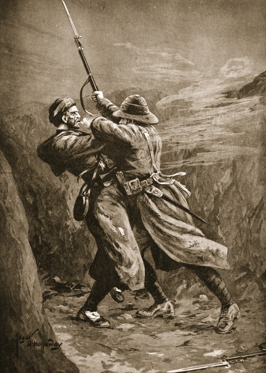 Er Lavin, Gelibolu'daki Suvla Koyu'nda bir İngiliz sapında bir Türk bombacısı ile boğuşuyor. by Edgar Alfred Holloway