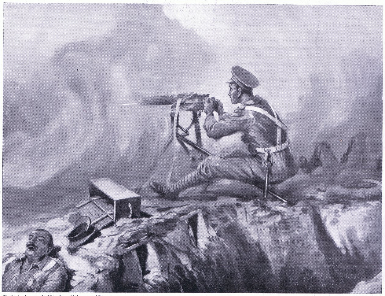 Gaz zehirlenmesinden ölen Er Lynn, bir makineli tüfek kullanıyor ve bir Alman saldırısını savuşturuyor. Ypres Nisan 1915 by Edgar Alfred Holloway