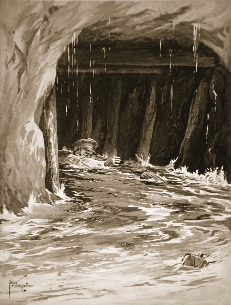 İkinci Onbaşı Collier, işini tamamladıktan sonra neredeyse suyla dolu bir maden galerisinden dışarı çıkmaya çalışırken by Edgar Alfred Holloway