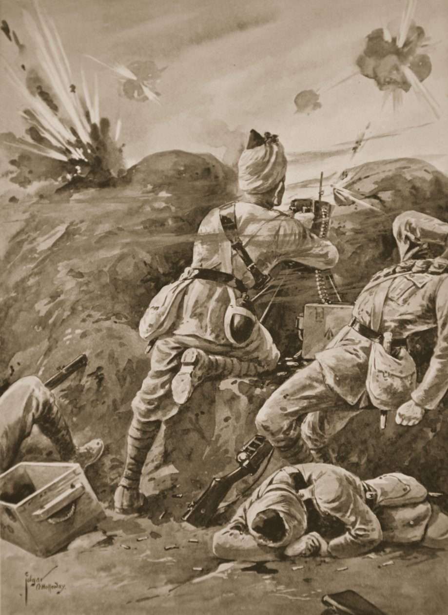 Silah müfrezesinin geri kalanı öldürüldükten sonra Sepoy Khudadad bir makineli tüfekle çalışıyor by Edgar Alfred Holloway