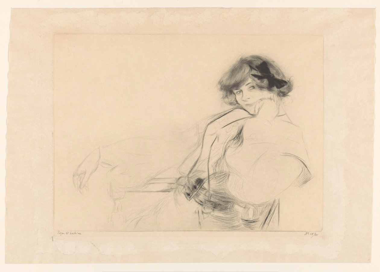 Bir sandalyede oturan saçında fiyonklu genç kadın by Edgar Chahine (signed by artist)