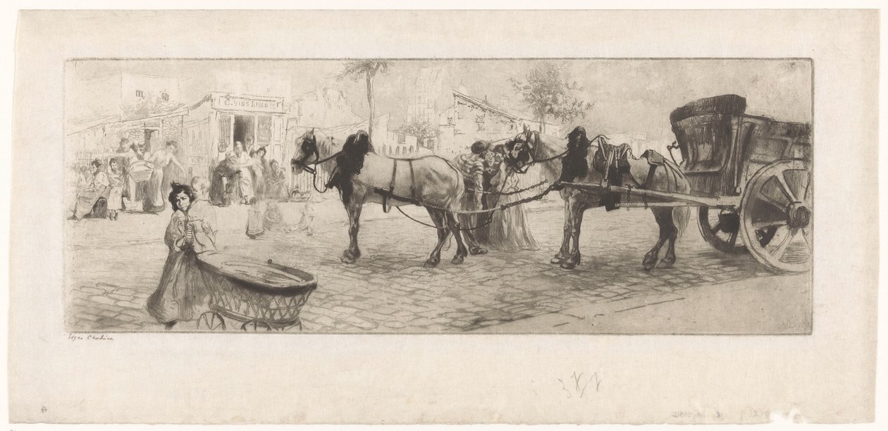 Bir arabanın önüne dizilmiş atların ve çocuk arabası olan bir kadının olduğu bir bulvar manzarası. by Edgar Chahine