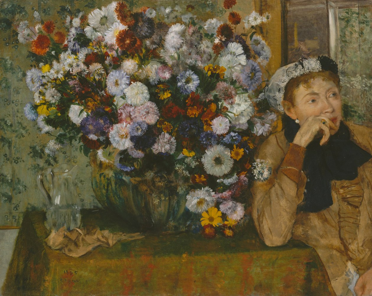 Bir Vazo Çiçek Yanında Oturan Bir Kadın by Edgar Degas