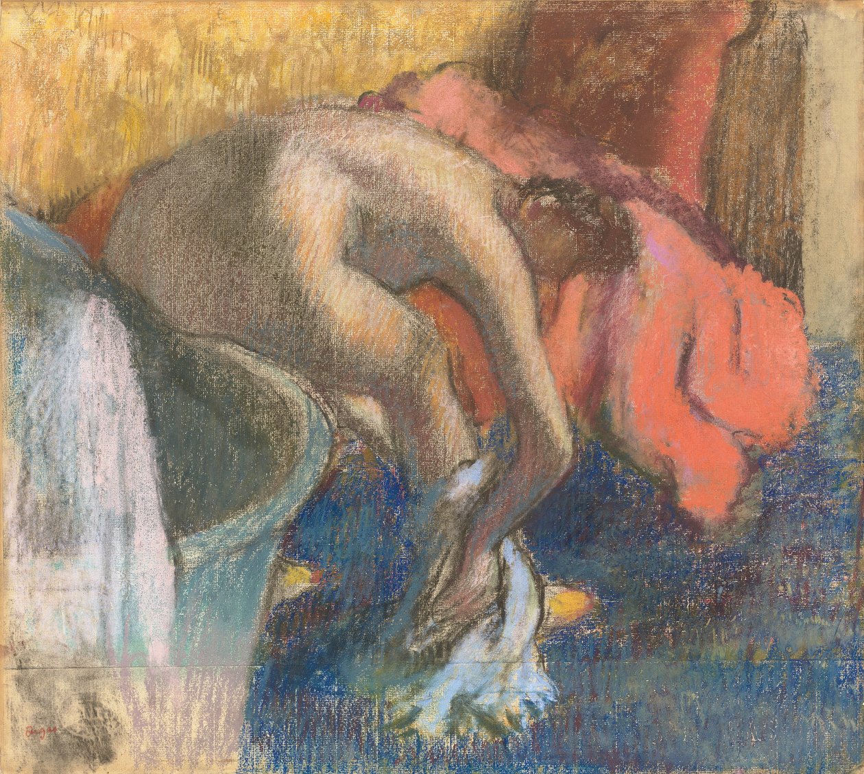 Banyodan sonra, kadın bacağını kurutuyor. by Edgar Degas