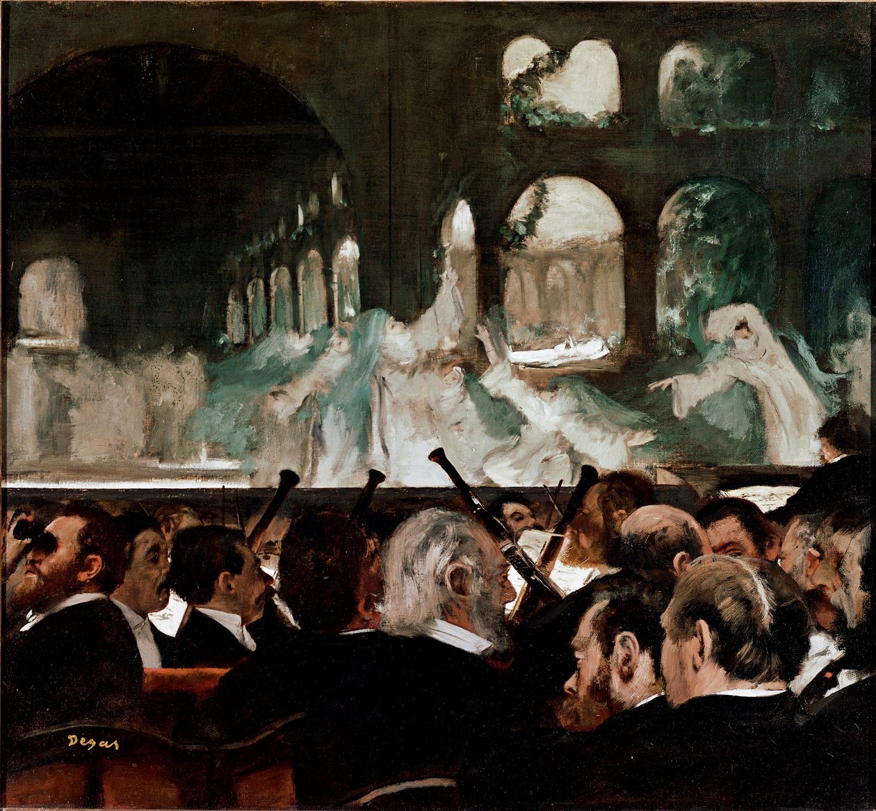 Robert le Diable balesinde “” de Meyerbeer”” Balesi Jakob (Giacomo) Liebmann Meyerbeer (1791-1864) ve Eugene Scribe tarafından bestelendi. Ön sıra seyircileri. Edgar Degas