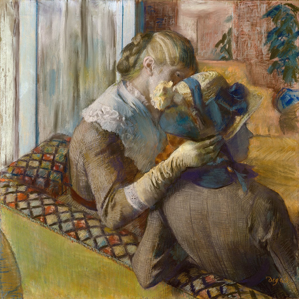 Modacıda. Şapka deneyen bir müşteri by Edgar Degas