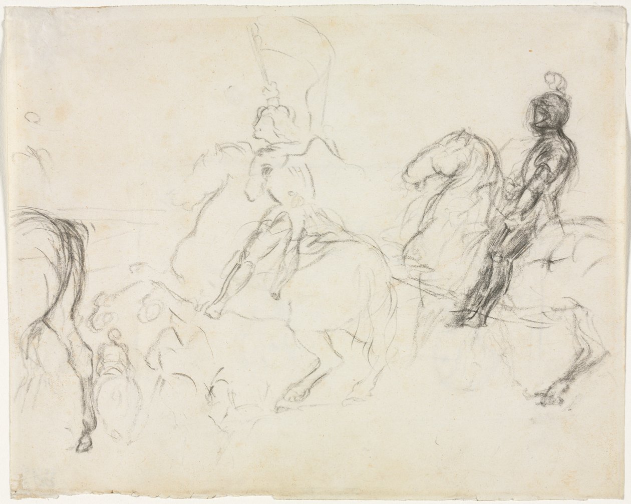 At Sırtında Zırhlı Figürlü Savaş Sahnesi İki Oturan Kadın Verso, 1856-1860. by Edgar Degas