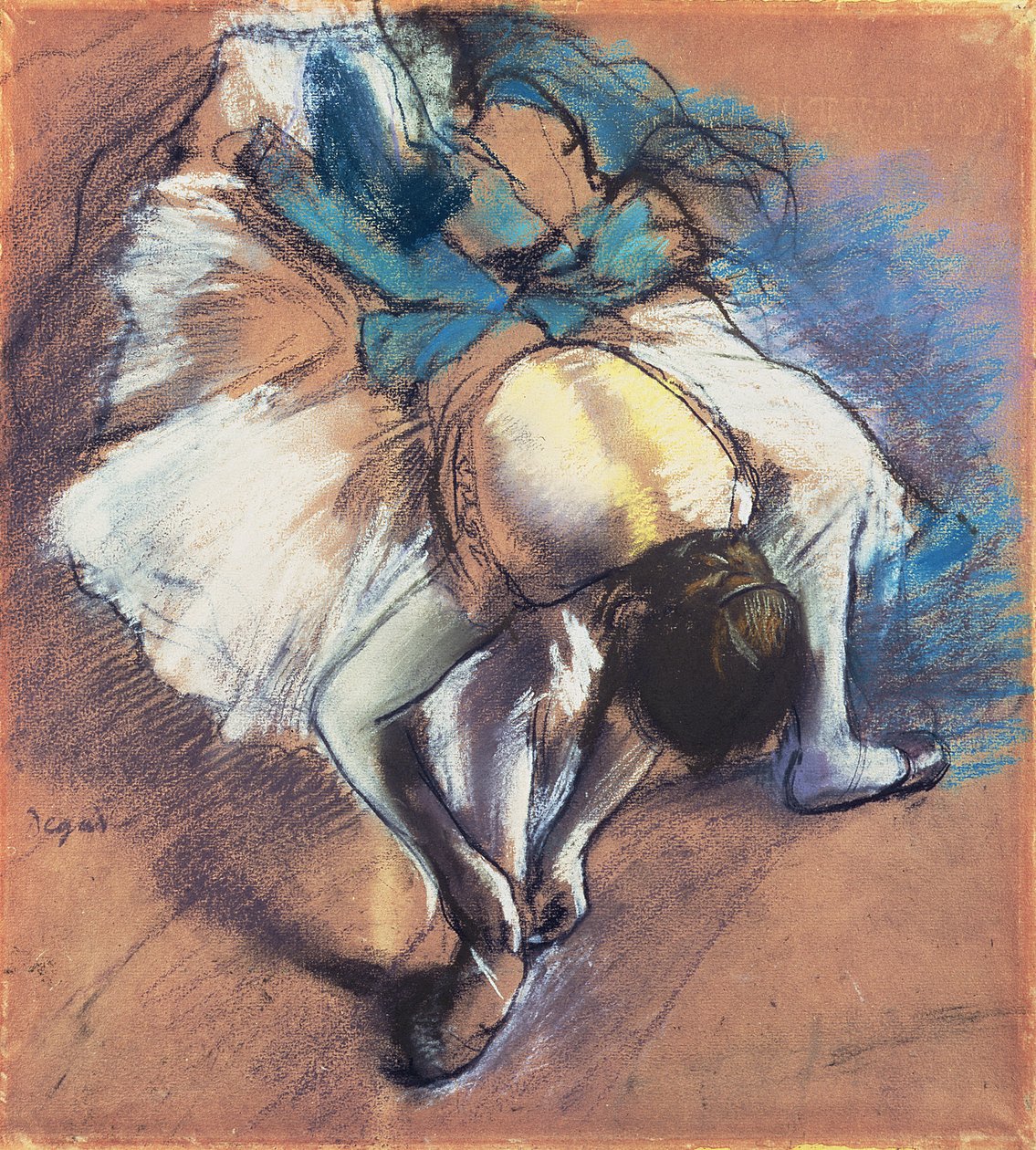 Pompasını Bağlayan Dansçı, c.1880-85 (devetüyü kağıda pastel ve siyah tebeşir) by Edgar Degas