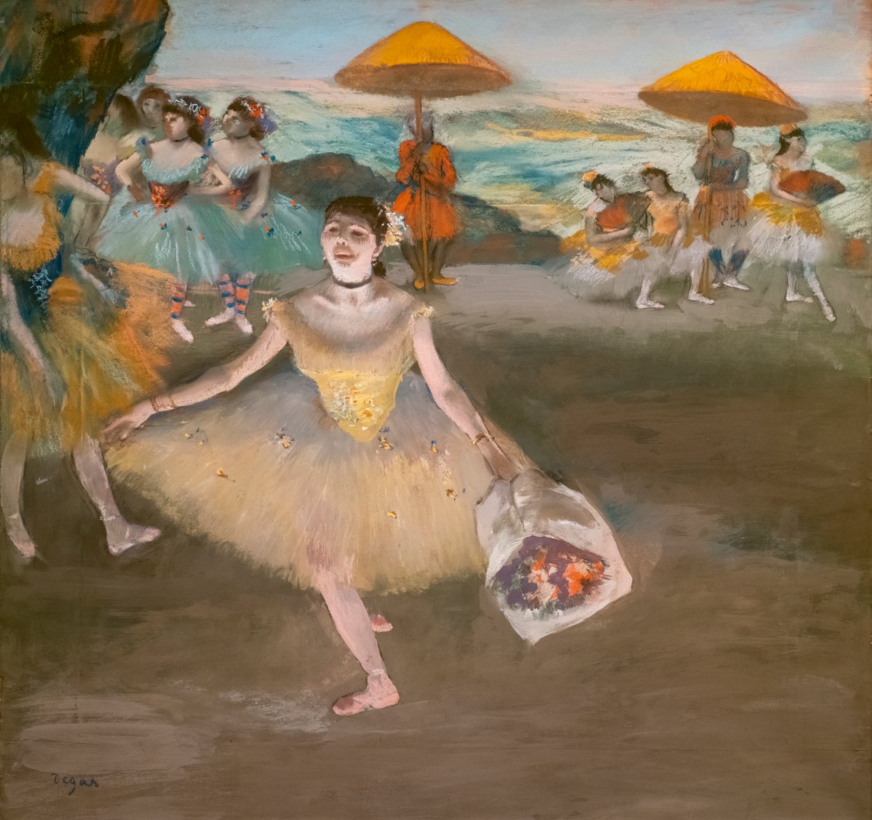 Bir selam buket ile dansçı. 1878. Velin üzerine pastel, tuval üzerine maroufle. by Edgar Degas