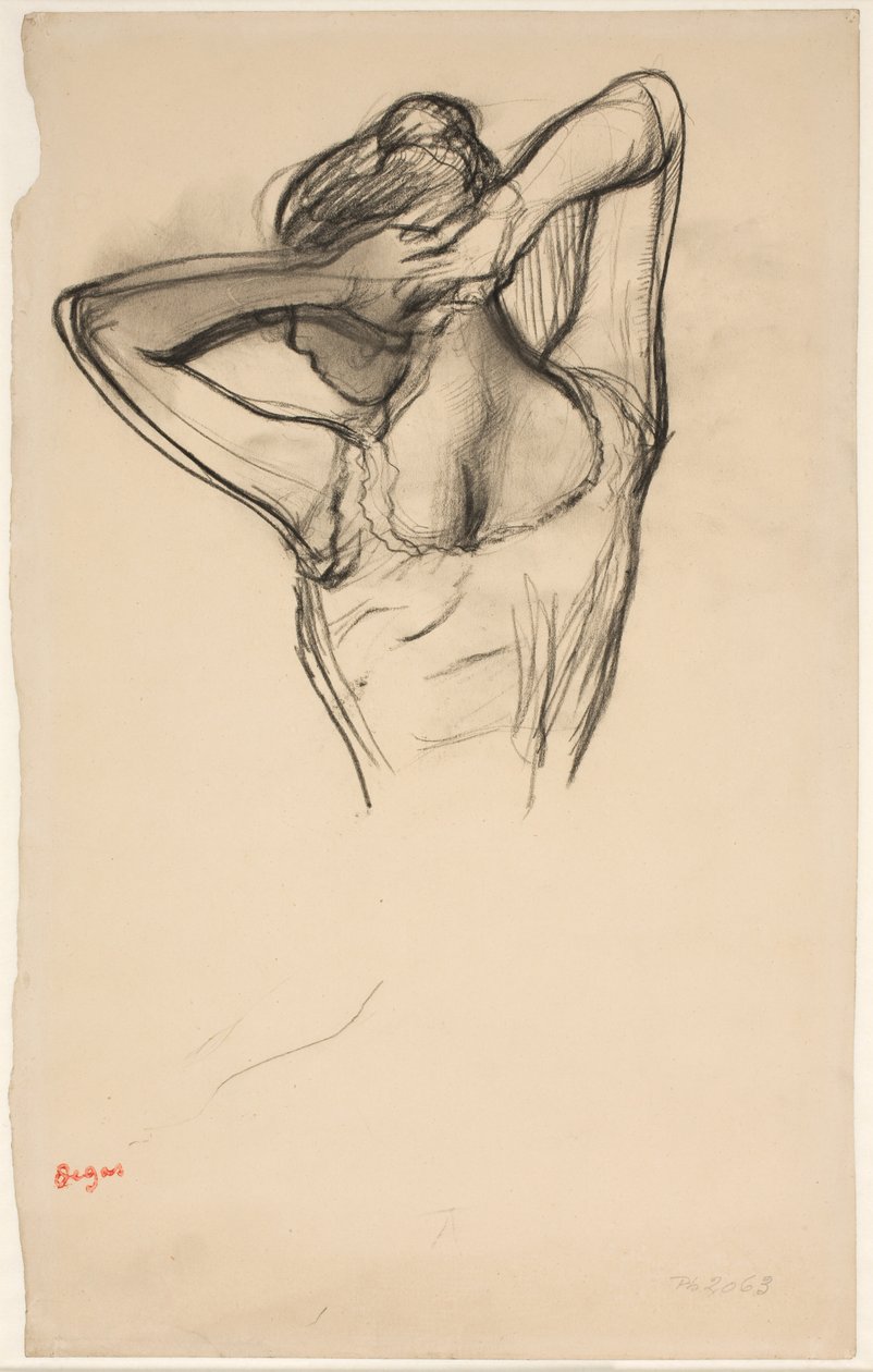 Saçını koyarak dansçı; profilde yarım figür solda, yarım arkadan by Edgar Degas