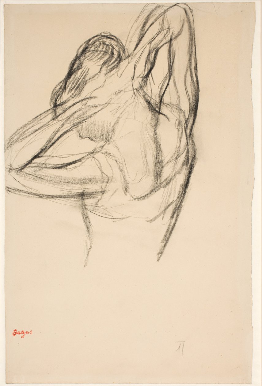 Saçını koyarak dansçı; yarım figür profilde solda, yarım figür arkadan by Edgar Degas