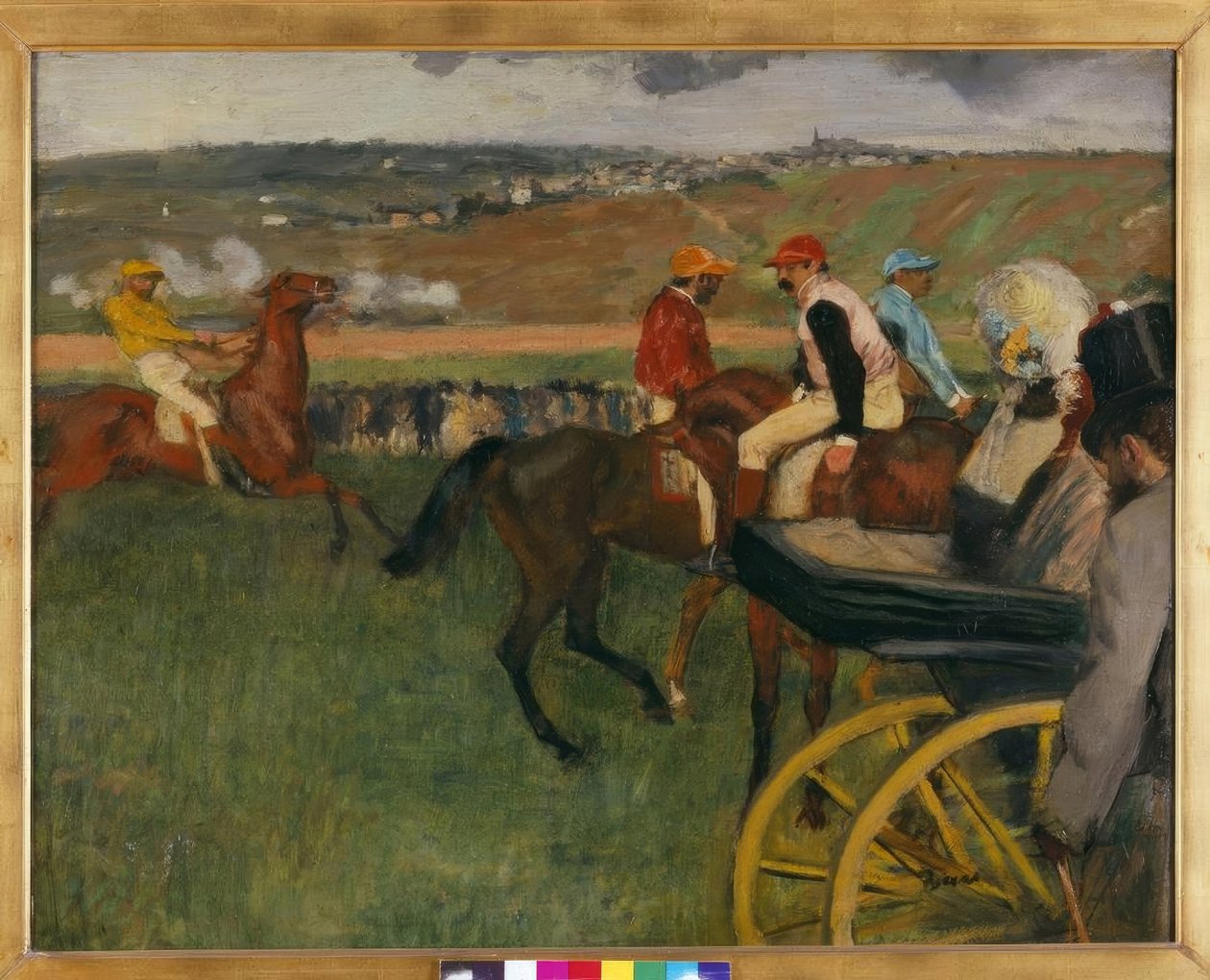 Yarış pisti. Bir araba tarafından amatör jokeyler by Edgar Degas