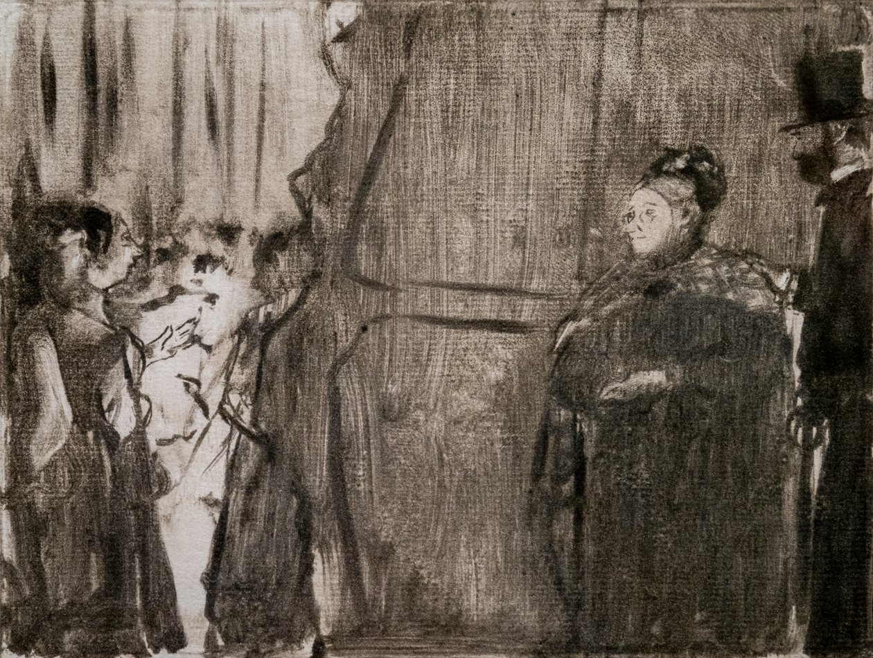 Perde arkasında Ludivic Halevy ve Madam Cardinal ile tanışın. 1876-1877 civarında. Monotype siyah mürekkebe sahiptir. by Edgar Degas