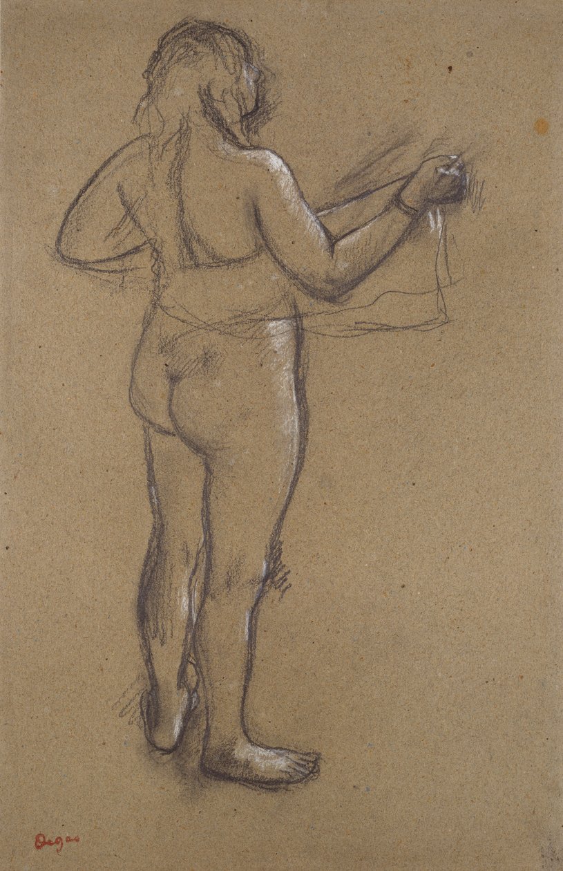 19. yüzyılın sonlarında arkadan görülen bir havluyla kendini kurulayan çıplak kadın by Edgar Degas