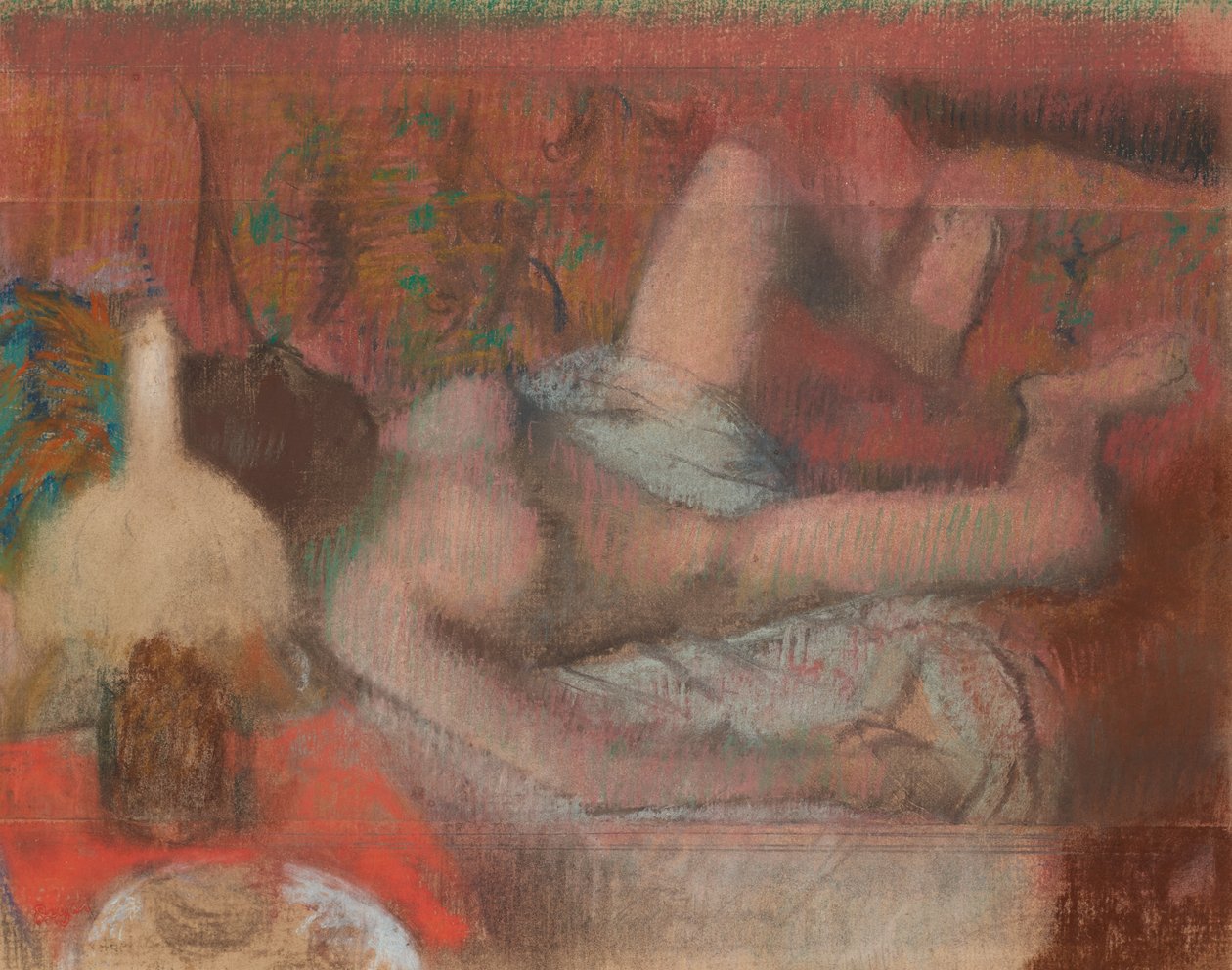 Uzanmış çıplak kadın, c.1888-90 (kağıt üzerine monotip üzerine pastel) by Edgar Degas