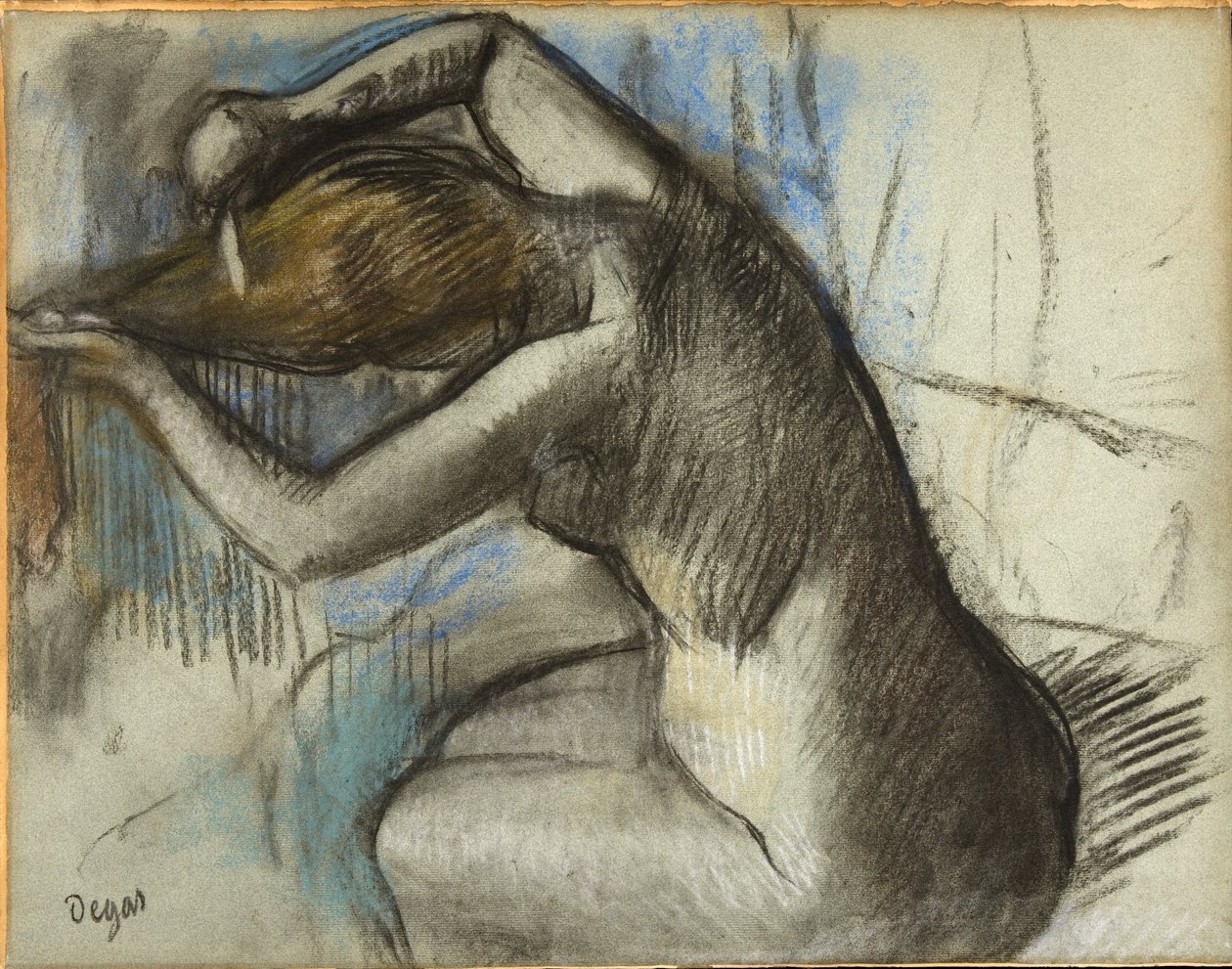 Oturan, Saçını Fırçalayan Çıplak Kadın, 1885 dolayları (mavi kağıt üzerine kömür ve pastel) by Edgar Degas
