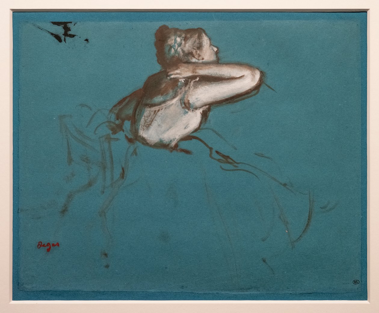Oturan dansçı sağa döndü (“Repetition de ballet sur la scène”in oturan figürü için çalışma). 1873. Yağ ve boyanın özü kağıt üzerindedir. by Edgar Degas