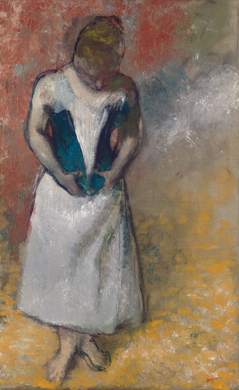 Ayakta Duran Kadın Önden Görünüyor, Korsesini Bağlıyor; Femme debout et vue de face, agrafant oğlu korse by Edgar Degas