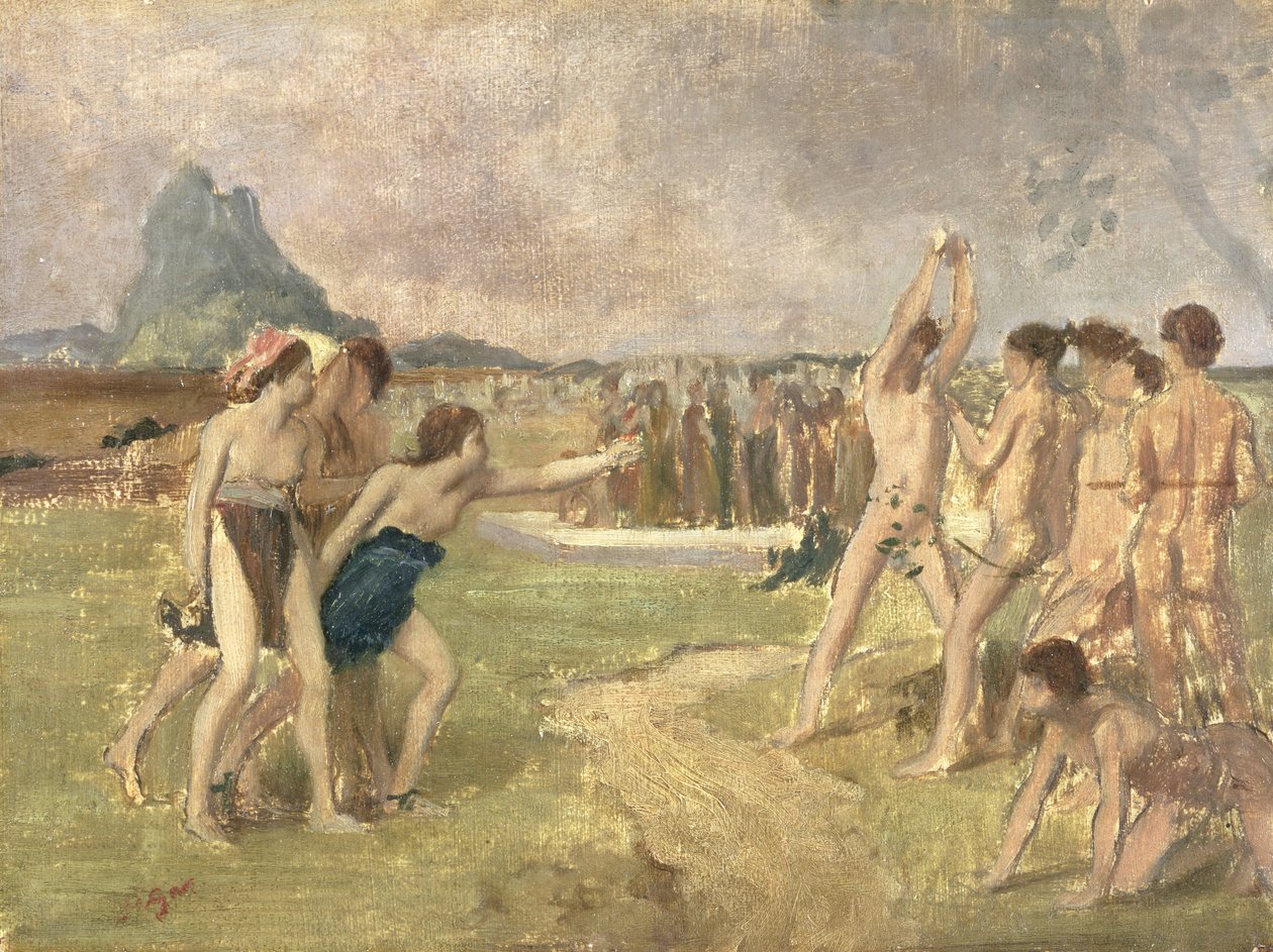 The Young Spartans Exercising için Çalışma, c.1860-61 (panel üzerine monte edilmiş kağıt üzerine yağlı boya) (bkz. 3354) by Edgar Degas
