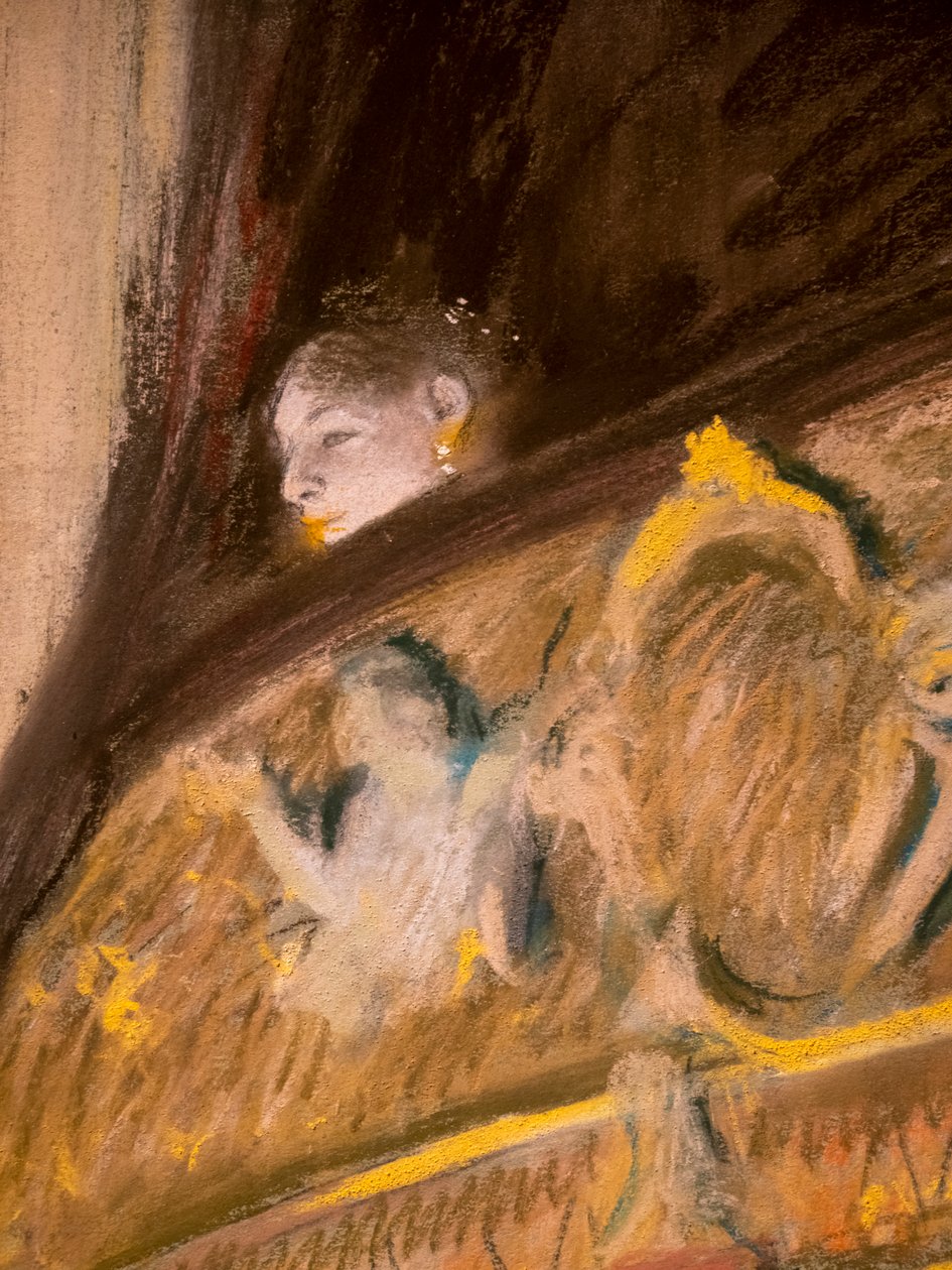 Tiyatrodaki bir locanın incelenmesi (detay). 1880. Tuval üzerine karton üzerine pastel ve yağlıboya. by Edgar Degas