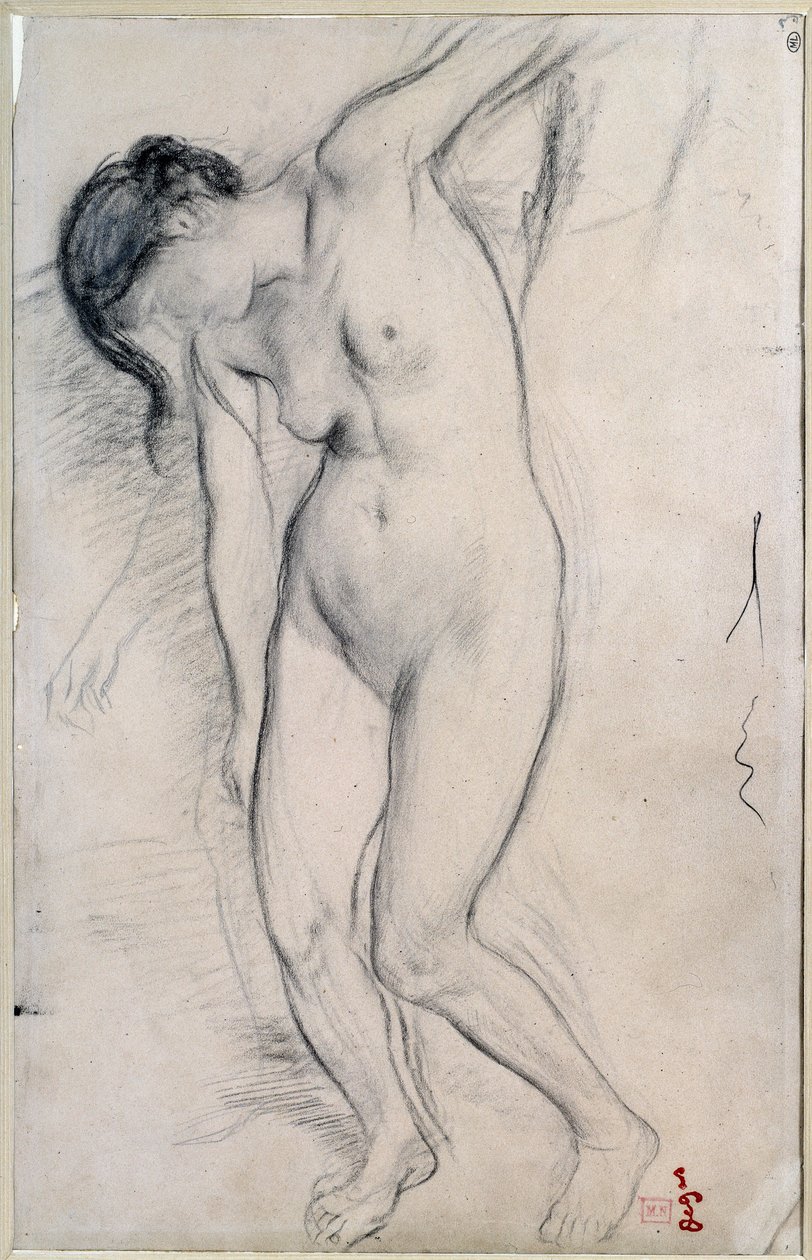 “Sahne de guerre au orta yaş”” için ayakta duran çıplak kadın çalışması. Edgar Degas (1834-1917), 1863-1865 dolaylarında çizim. Karartma: 0,35 X 0,22m. Paris, Musee d