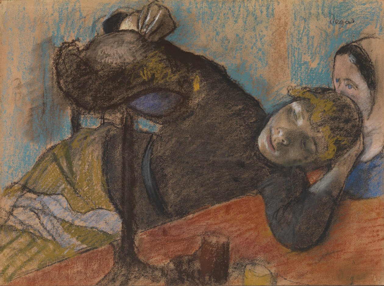 The Milliner, c.1882 (koyu kahverengi üzerine serilen sıcak gri dokuma kağıt üzerine pastel ve kömür) by Edgar Degas