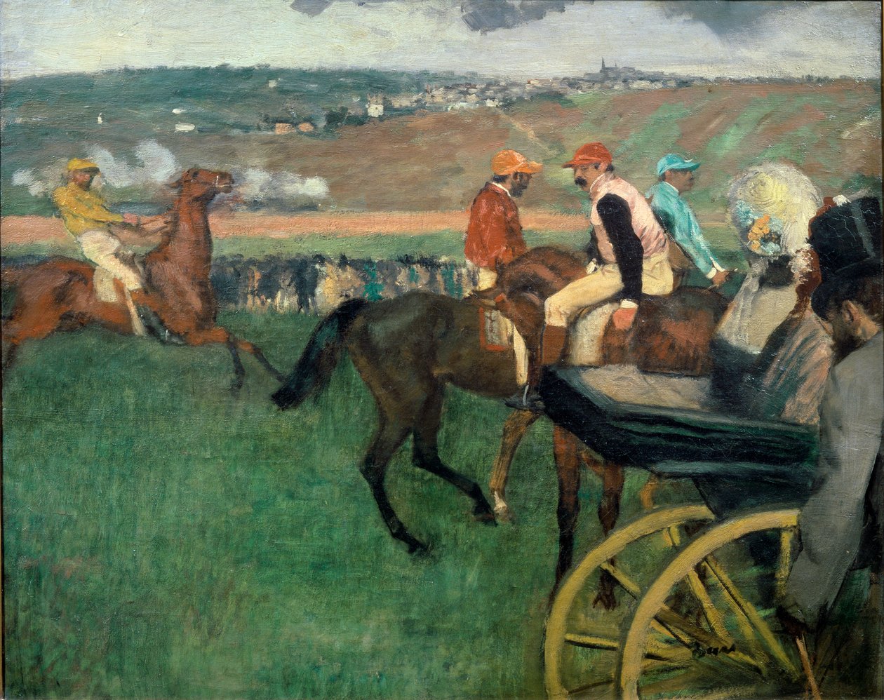 Yarış Pisti, Bir Arabanın Yanında Amatör Jokeyler by Edgar Degas