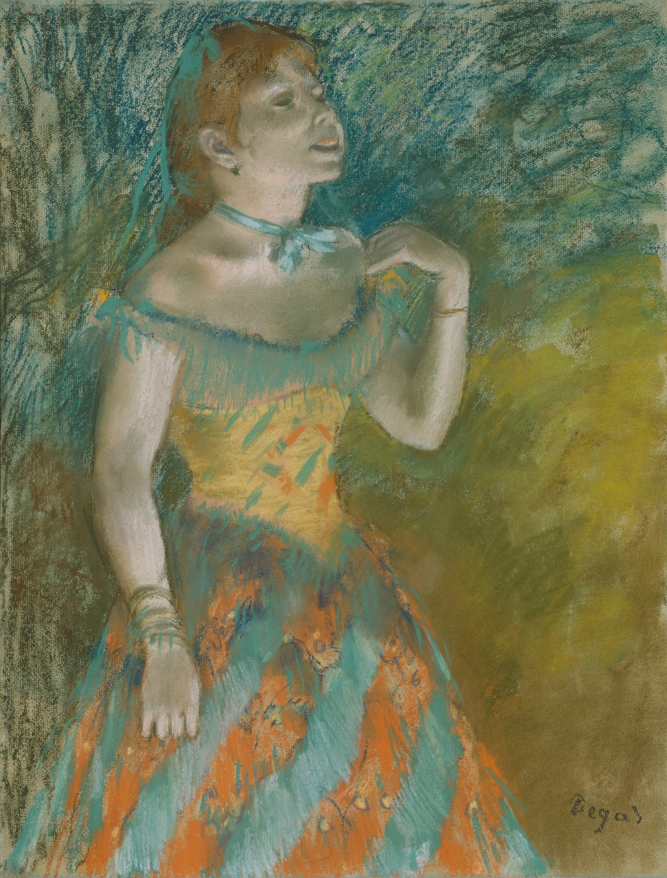 Yeşilli Şarkıcı, 1884 dolayları (açık mavi kağıt üzerine pastel) by Edgar Degas