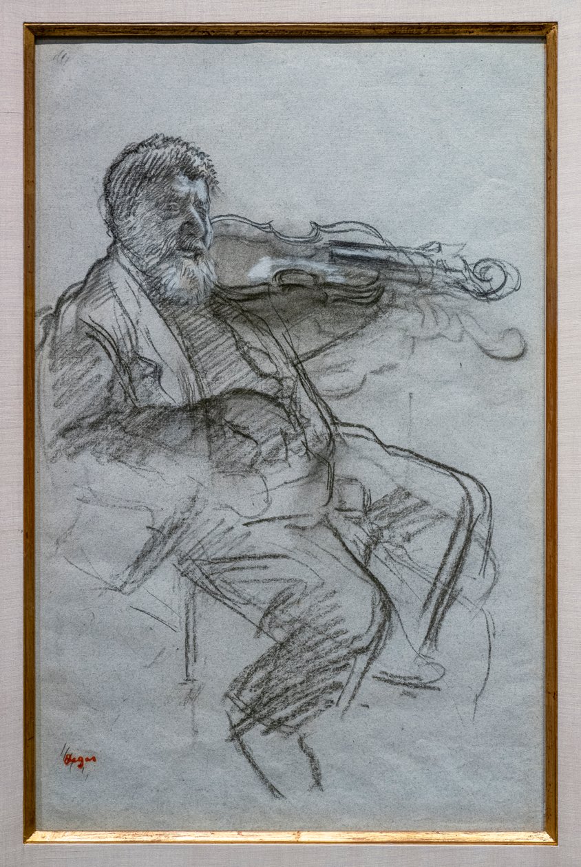 Kemancı. 1879. Mavi-gri kağıt üzerinde kömür ve beyaz tebeşir vurguları. Boston, Güzel Sanatlar Müzesi, William Francis Warden Fonu. by Edgar Degas