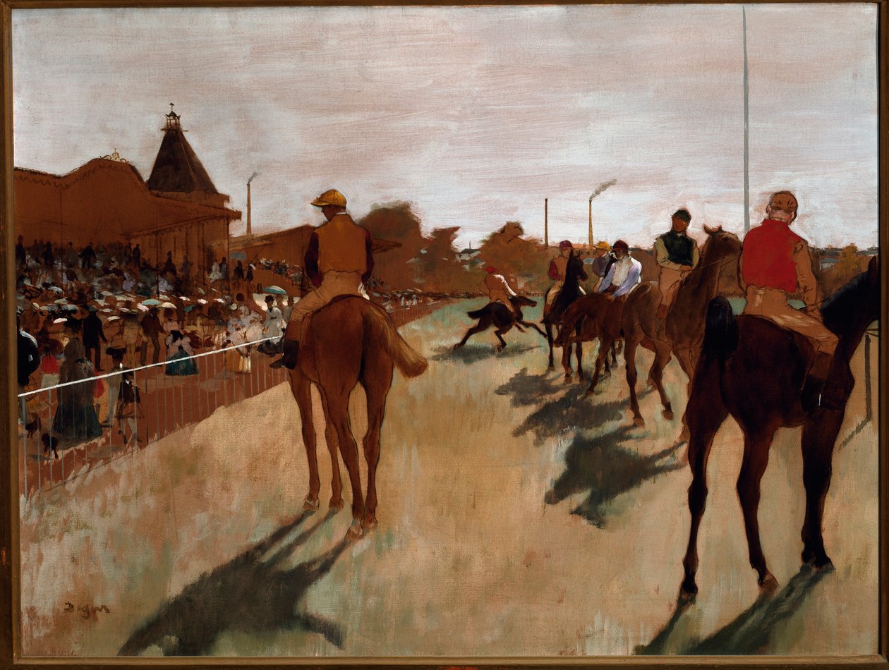 Tribünlerin önündeki geçit töreni veya yarış atları (tuval üzerine yağlı boya by Edgar Degas