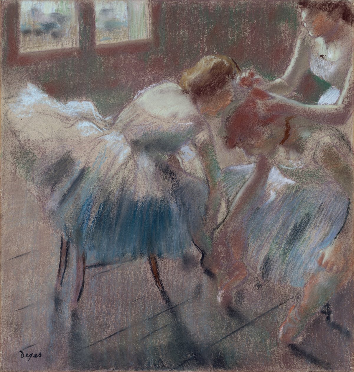 Sınıfa Hazırlanan Üç Dansçı, 1880 dolayları (devetüyü renkli dokuma kağıt üzerine pastel) by Edgar Degas