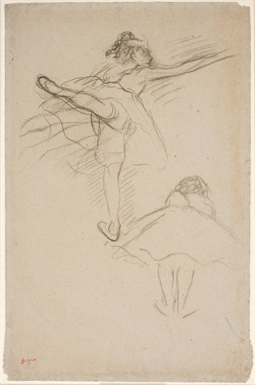 Dansçılar üzerine iki çalışma. Sol bacak üzerinde duran en iyi dansçı; arkadan görülen alt öne eğilmiş dansçı by Edgar Degas