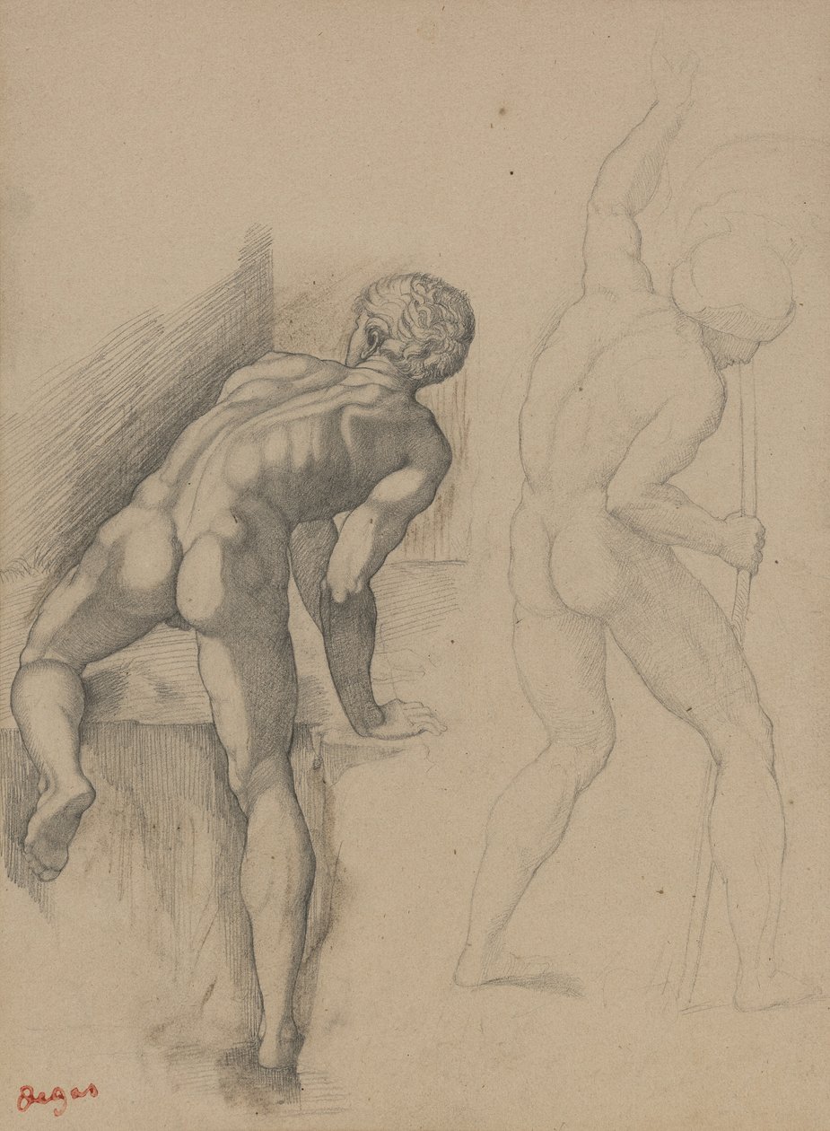 İki Çıplak Adam, 1856-57 (koyu krem kağıda grafit kalem) by Edgar Degas