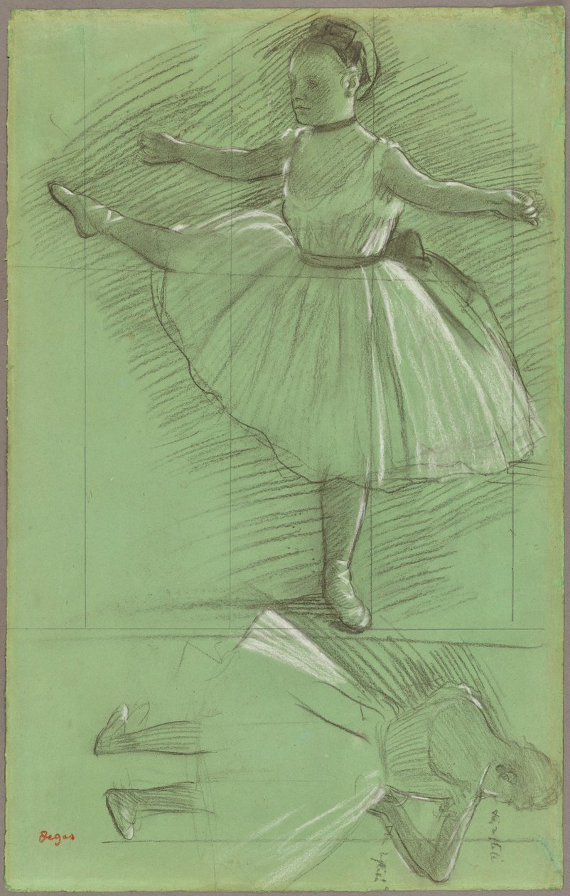 İki Dansçı Çalışması, c.1873 (yeşil kağıt üzerine siyah beyaz tebeşir) by Edgar Degas
