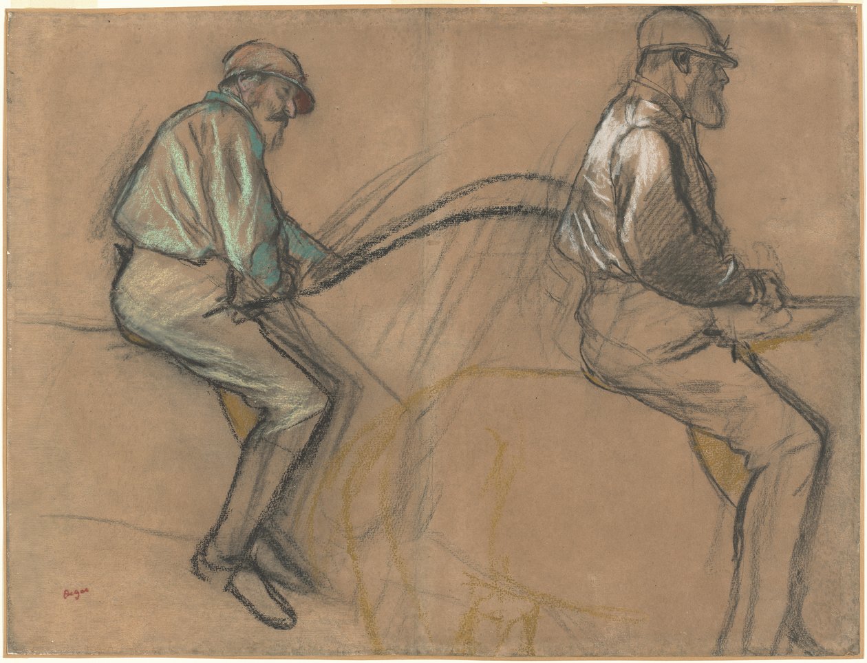 Bir Jokeyin İki Çalışması, c.1884 (kahverengi kağıt üzerine tebeşir, karakalem ve pastel) by Edgar Degas