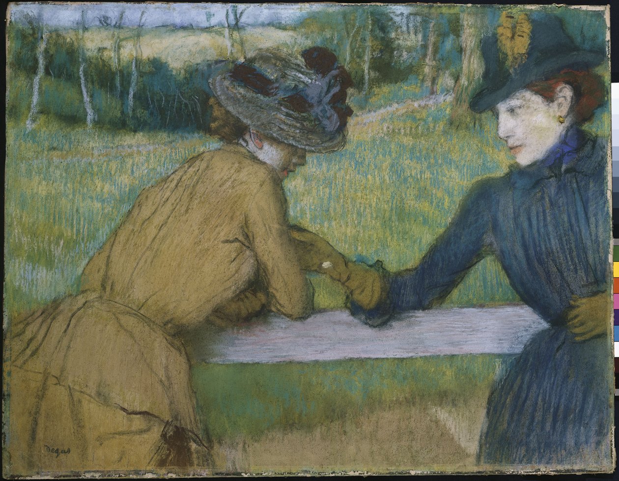 Bir Çit Rayına Yaslanmış İki Kadın by Edgar Degas