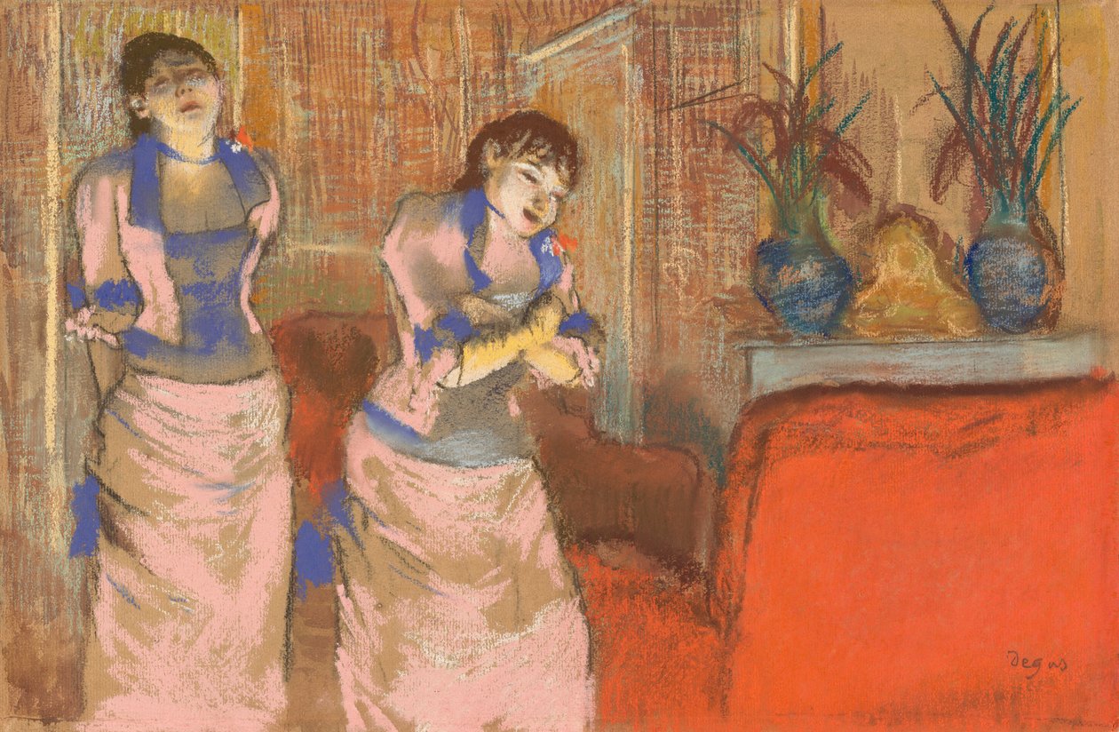 İki Kadın, c.1878-80 (kahverengi kağıt üzerine suluboya üzerine pastel) by Edgar Degas