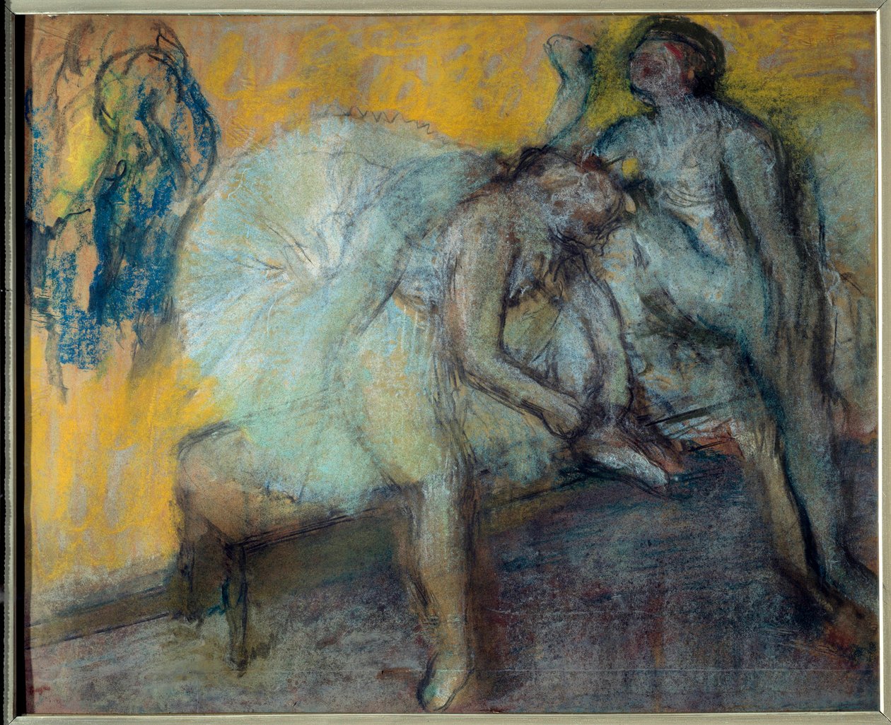 Dinlenme halindeki iki dansçı Edgar Degas (1834-1917) tarafından güderi kağıdı üzerine Pastel ve karakalem. 1910-1912 Som. 0,78x0,96 m Paris, Musee d