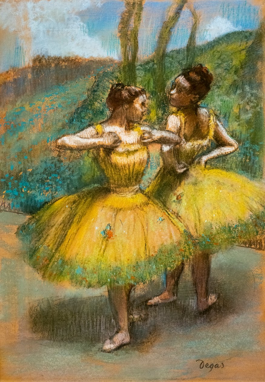 Sarı iki dansçı. 1896 civarında. İki kağıt şeridi üzerinde pastel ve kömür. by Edgar Degas