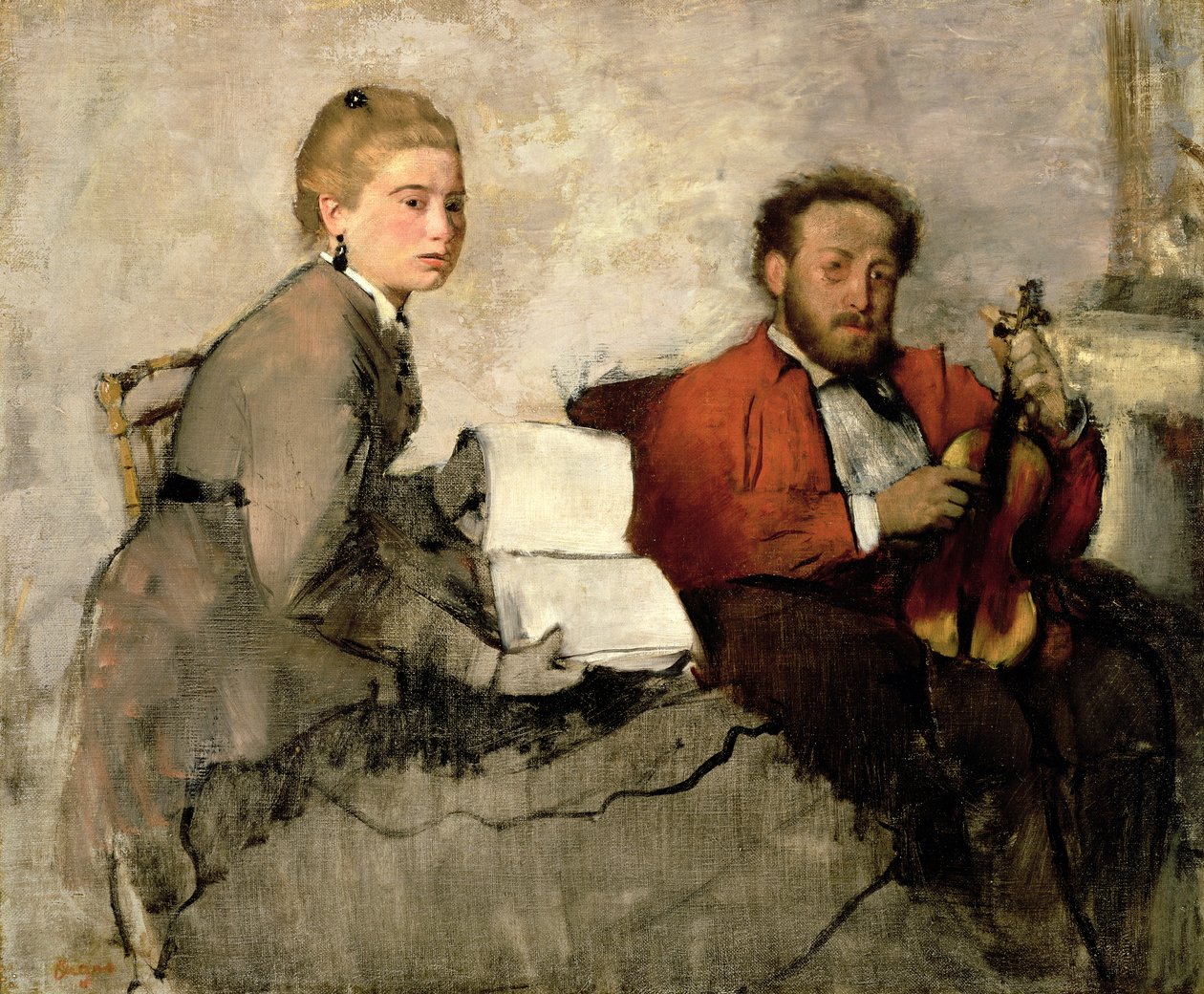 Kemancı ve Genç Kadın, 1871 dolayları (tuval üzerine yağlı boya ve pastel boya) by Edgar Degas