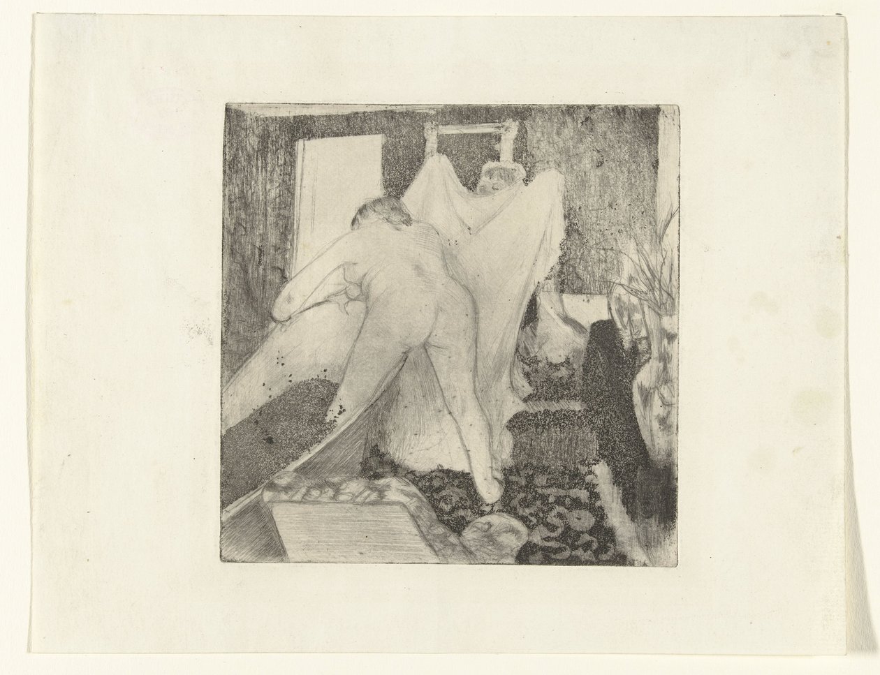 Kadın banyodan çıkar ve kadından havlu alır. La Sortie du Bain by Edgar Degas