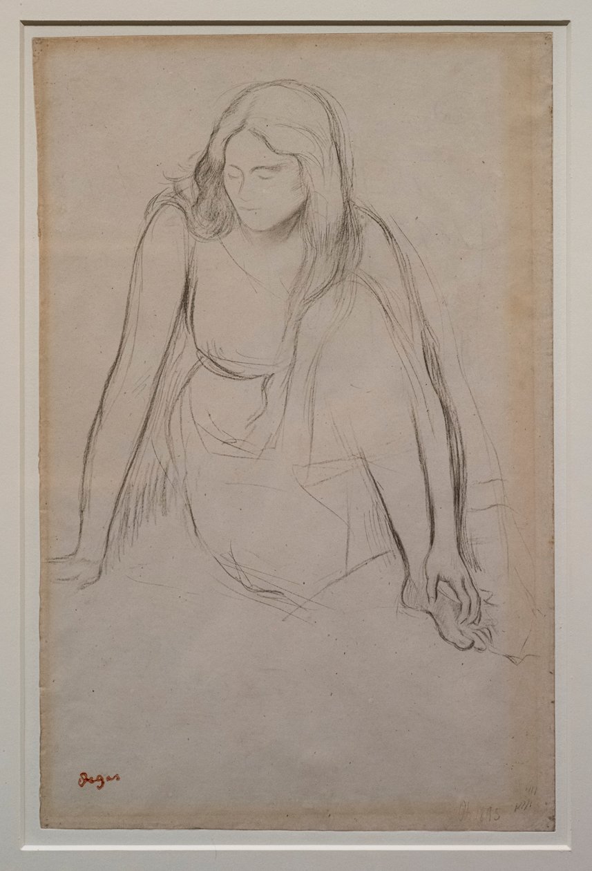 Su kenarında oturan kadın. 1867-1868 civarında. Velin kağıt üzerine siyah kalem. by Edgar Degas