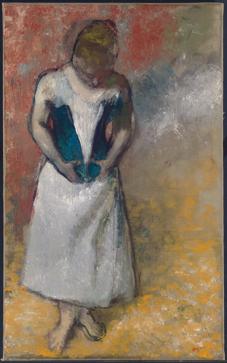 Önden duran, korsesini tutan kadın, 1883 by Edgar Degas
