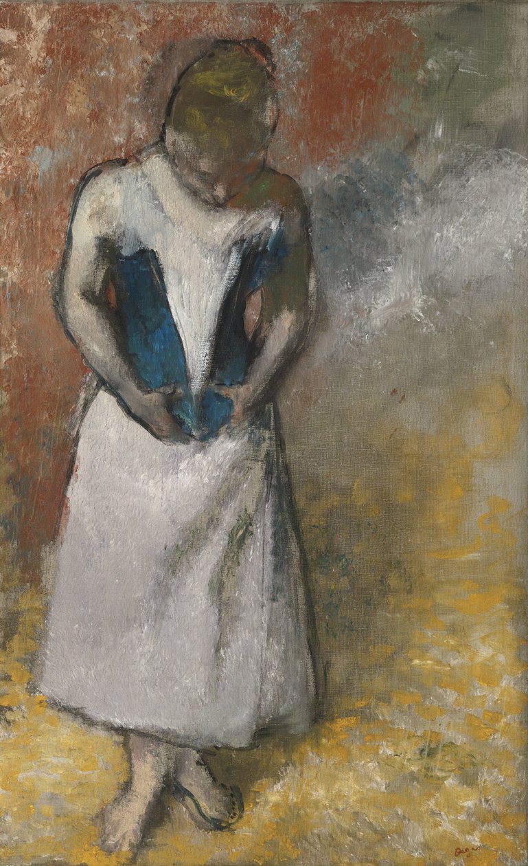 Önden duran, korsesini tutan kadın, yak. 1883 by Edgar Degas