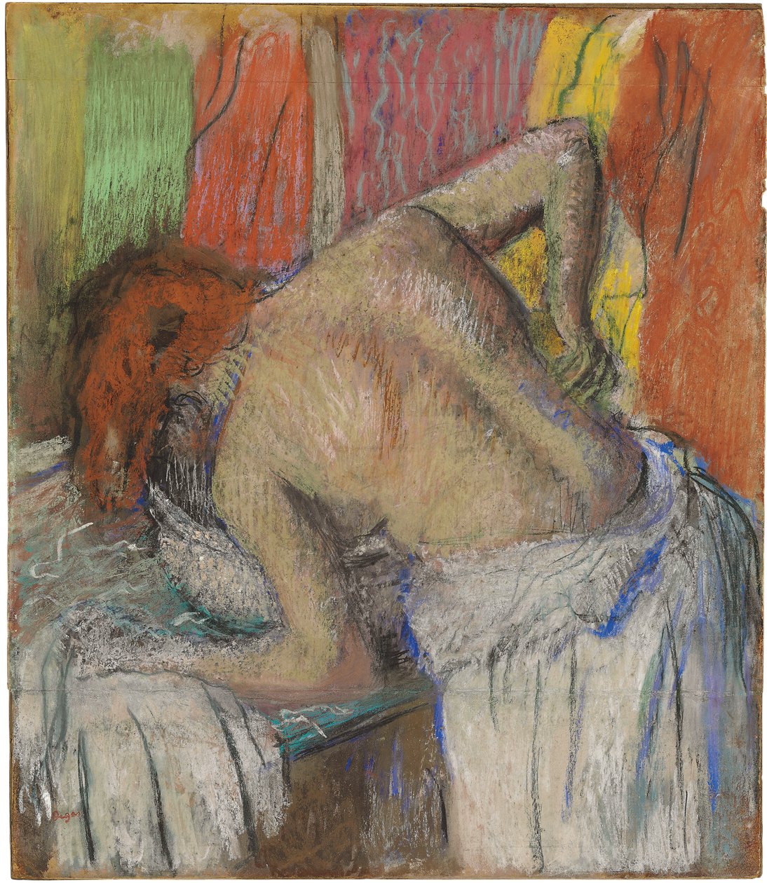 Sırtını yıkayan kadın, 1895 dolayları (gemiye serilen birleştirilmiş kağıt üzerine pastel) by Edgar Degas
